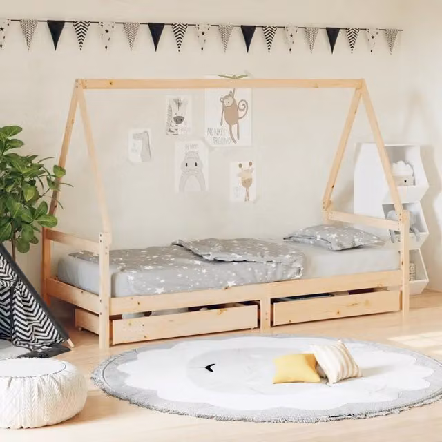 Giroletto per bambini VIDAXL in legno massello di pino con cassetti, stile rustico, L 200 x P 80 cm