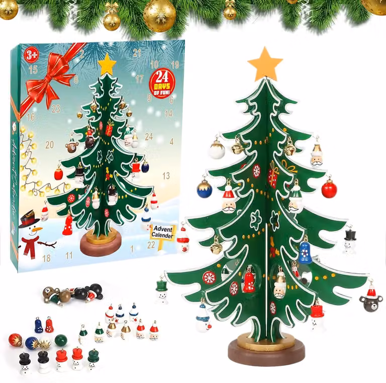 Calendario dell'Avvento 2025 - Albero di Natale in legno - 28 cm - Conto alla rovescia - Calendario dell'Avvento di Natale con 24 giorni - Ideale per sorprese natalizie - Albero di Natale da assemblare