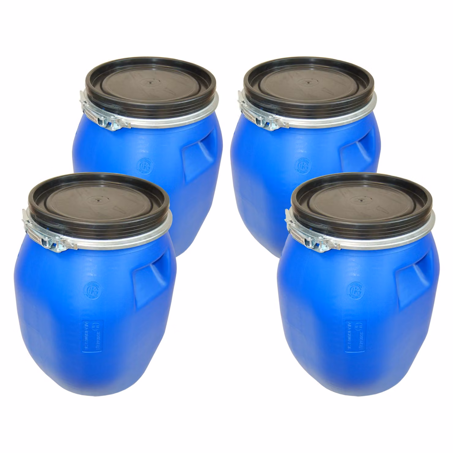 kanister-vertrieb® 4 pezzi barile con coperchio da 30 litri, barile in plastica, barile per mangimi, barile, barile a collo largo colore blu con impugnatura incassata incl. etichetta (4x30 DGM)