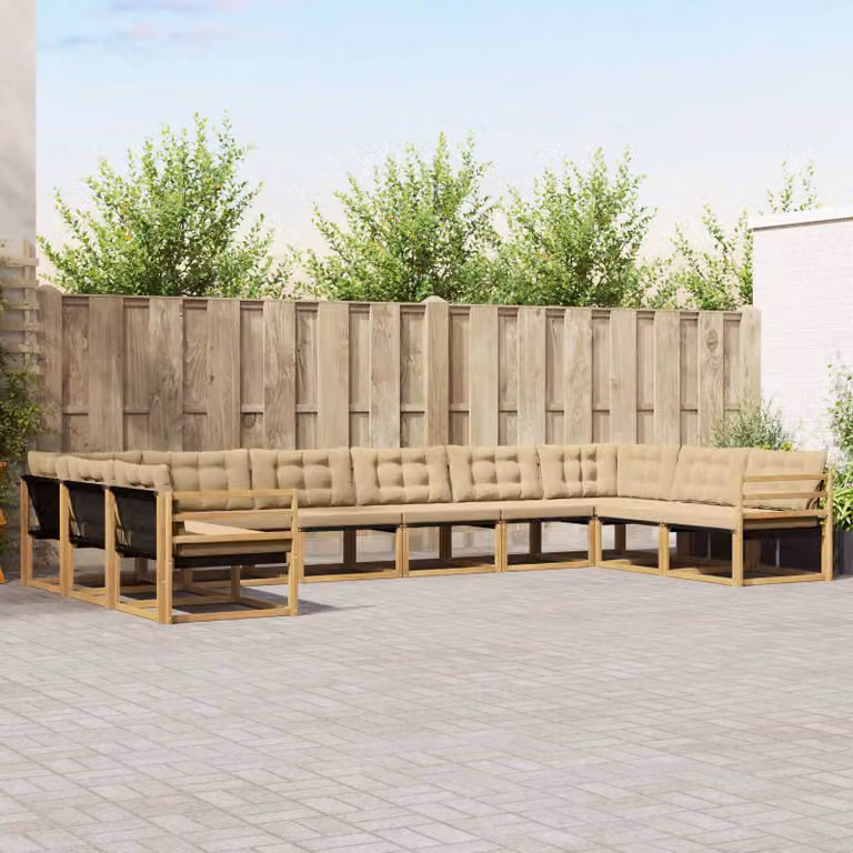 Set di divani da esterno vidaXL a forma di U in legno di acacia con cuscini bianchi e beige