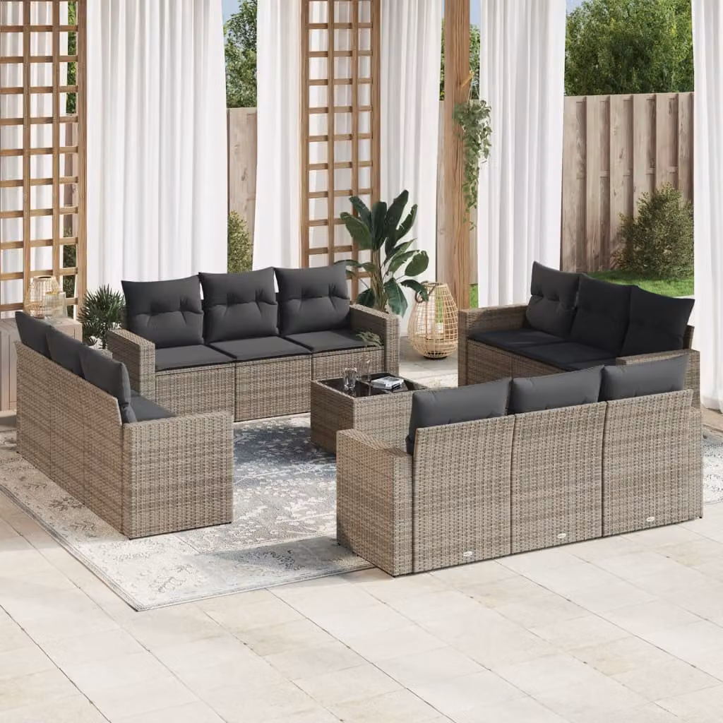 vidaXL Set Divani da Giardino 13 pz con Cuscini Grigio in Polyrattan e Struttura in Metallo – 1