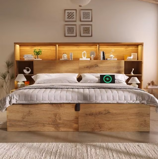 Letto matrimoniale 160x200 cm in finitura rovere con contenitore idraulico, comodini integrati, LED e porte USB-C, struttura in legno e metallo senza materasso
