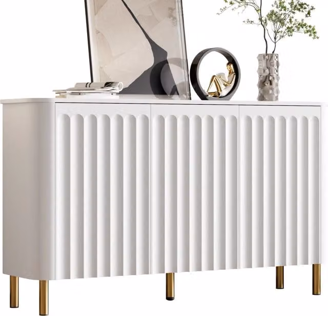 Sideboard MDF 3 ante, piedi in metallo, rilievo a colonne, bordo ondulato, angoli arrotondati, senza maniglie, per soggiorno