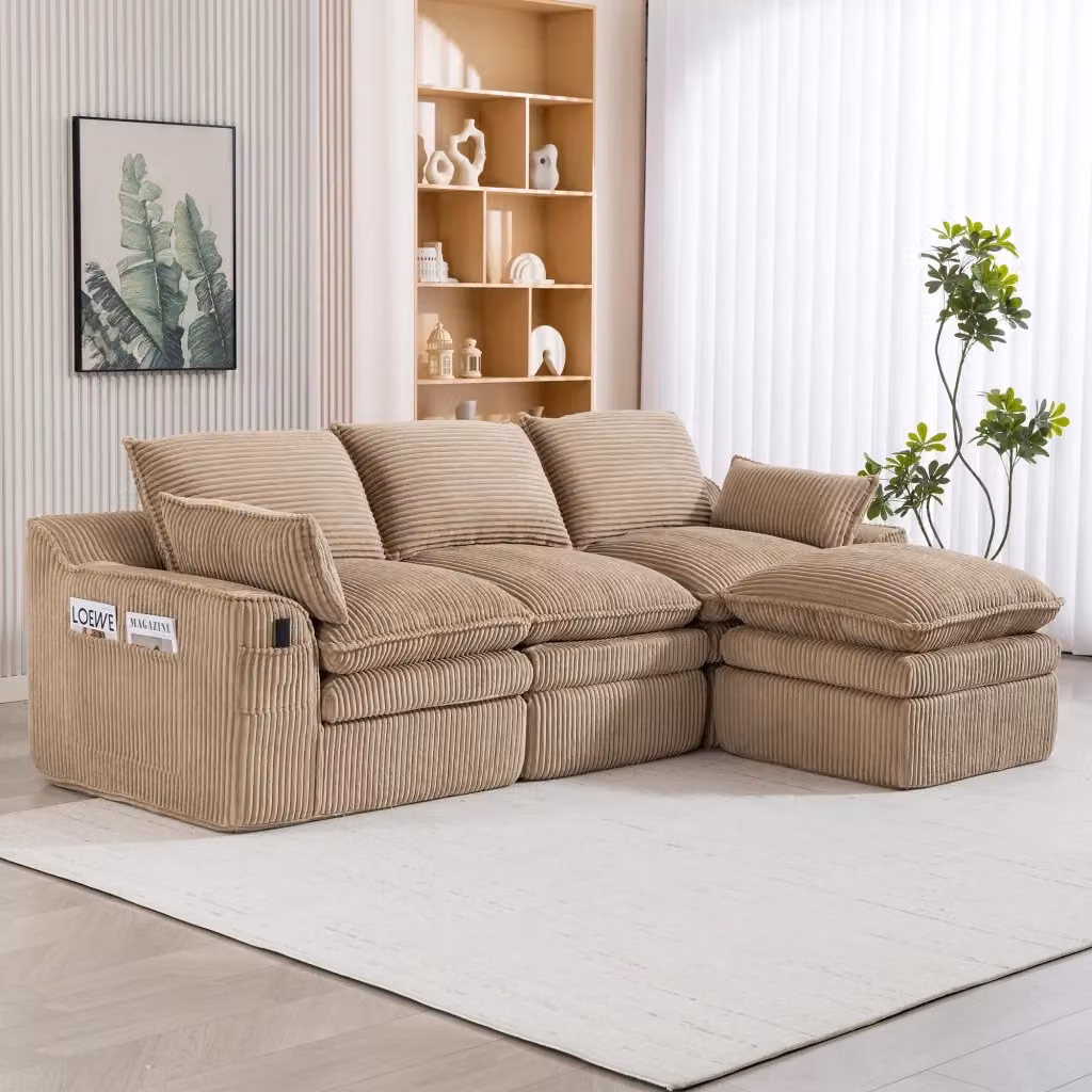 Divano modulare a L Mivray in velluto a coste verde e beige con pouf e cuscini coordinati, design moderno con imbottitura mista, L: 263 cm, P: 167 cm, H: 85 cm – 2