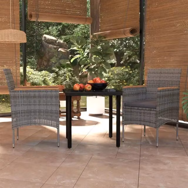 Set da Pranzo da Giardino 3 pz con Cuscini Grigio e Nero 3099335