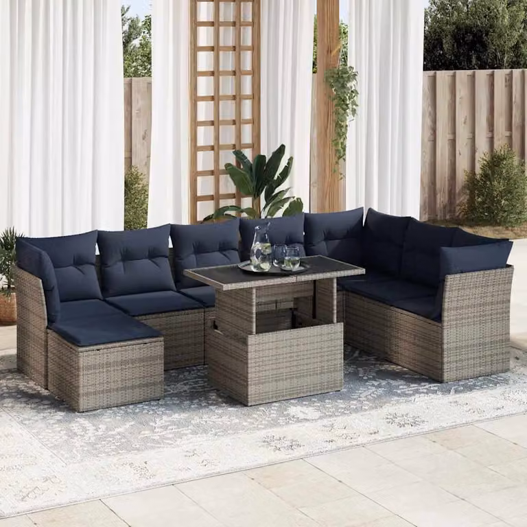 Set Divano da Giardino a L vidaXL in Polyrattan con Cuscini e Tavolino da Caffè, Grigio e Blu