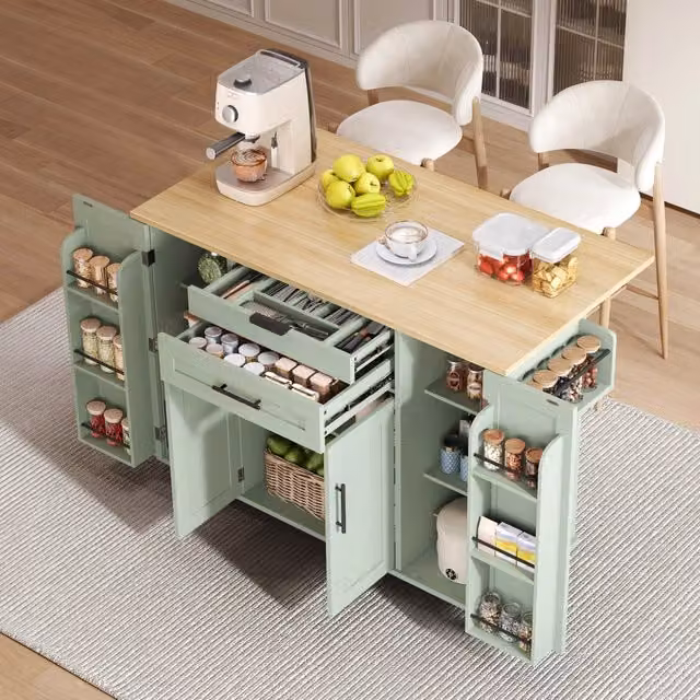 Isola cucina mobile con piano estensibile in MDF verde antico; ripiani regolabili; per cucina e sala da pranzo
