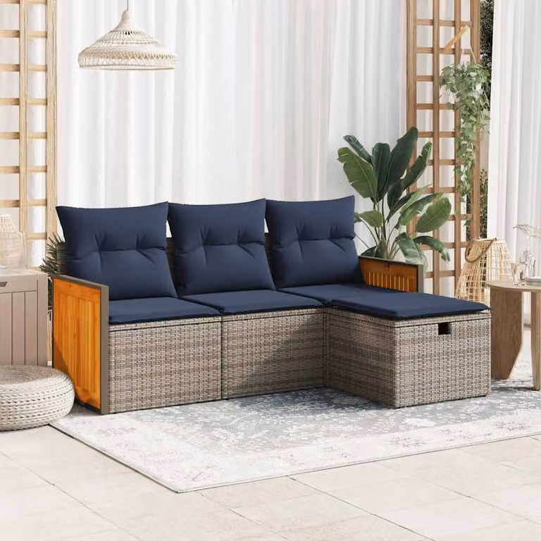 Set di divani da giardino vidaXL a forma di L composto da 4 pezzi con cuscini, polyrattan e struttura in acciaio, colore grigio e blu