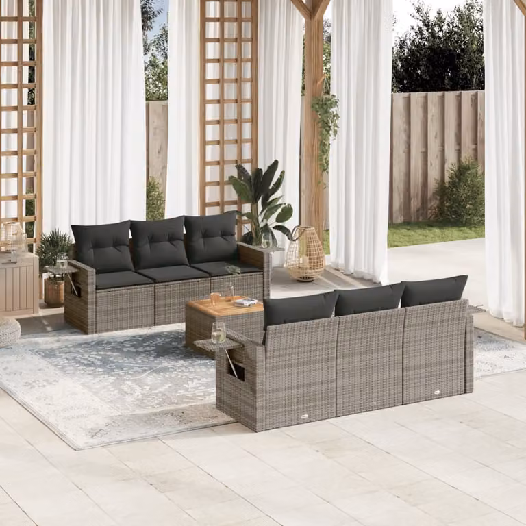 Set di divani da giardino vidaXL in polyrattan grigio con 7 pezzi e cuscini imbottiti