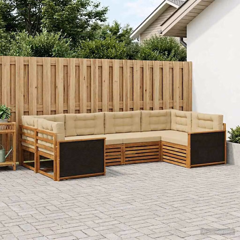 Set di divani da esterno vidaXL 6 pezzi in legno di acacia con cuscini, colore beige e marrone, design moderno a forma di L per giardino e terrazza