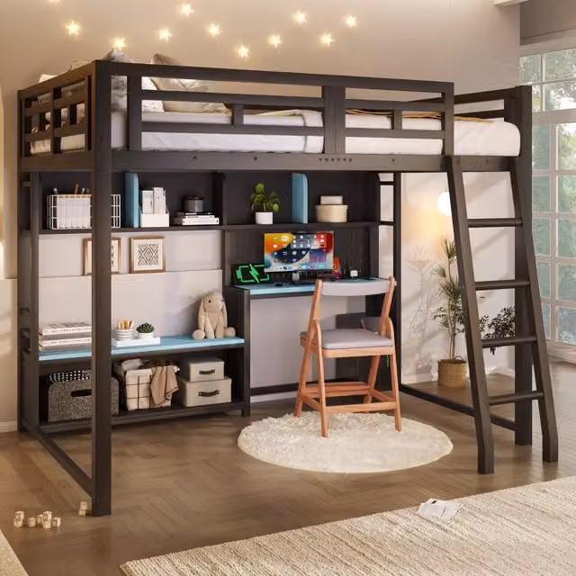Letto a soppalco 140x200 con scrivania; LED RGB e scaffali in metallo nero
