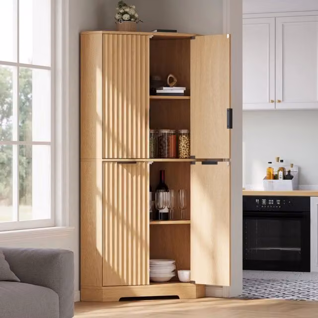 Desviae Mobile angolare 4 ante con ripiani regolabili in MDF naturale per cucina soggiorno e sala da pranzo 60 × 60 × 172 cm