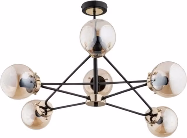 Lampadario moderno Alfa SAGITO con 5 sfere in vetro ambra, finitura nero e ottone, attacco E14