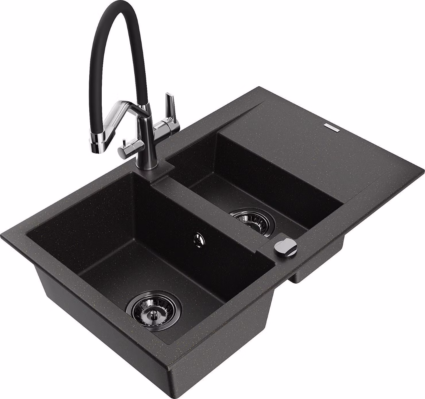 Mexen Gaspar lavello in granito 1,5 vasche con scolapiatti e miscelatore cucina Duo, nero/oro metallico - 6507-75-671701-07-B
