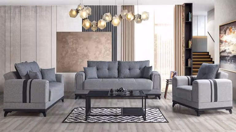 Graue Sofagarnitur 3+2+1 Sitzer Textil Holz Sofa Sessel Komplett Set