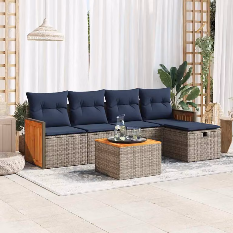Set Divano da Giardino vidaXL 6 pz a Forma a L con Cuscini Grigio in Polyrattan e Legno di Acacia