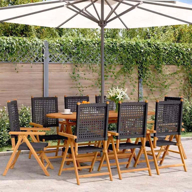 Set di 8 sedie pieghevoli reclinabili vidaXL in polyrattan nero e legno di acacia con cuscini e braccioli