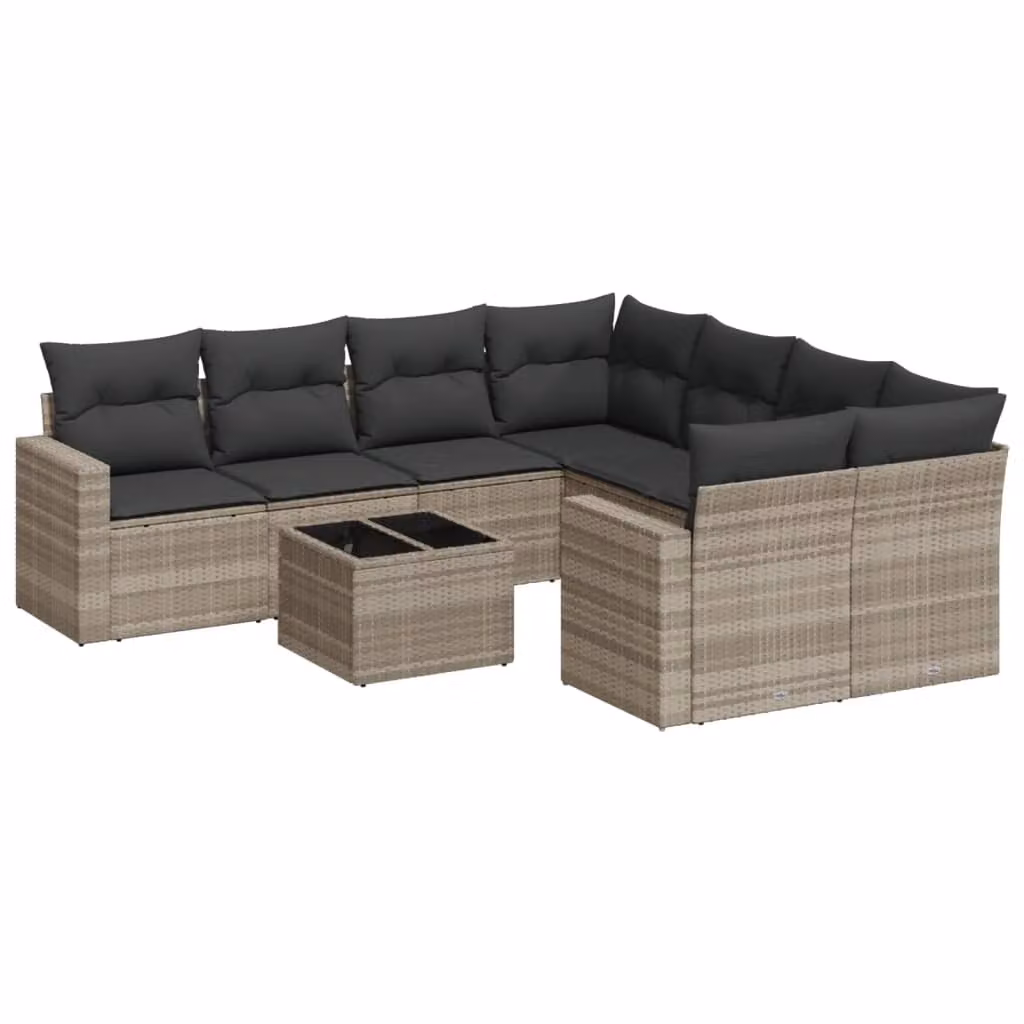 Set Divano da Giardino 9pz con Cuscini Grigio Chiaro Polyrattan