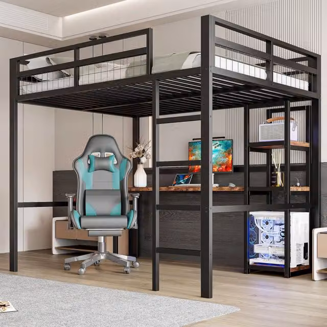 Letto a soppalco 140 x 200 cm in metallo con ripiani, scrivania con presa, USB + Tipo C, spondine, scaletta, senza materasso - Nero