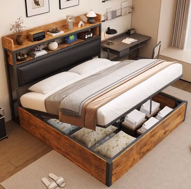 Letto matrimoniale MODFU con contenitore a sollevamento, testiera imbottita, porta USB e mensola integrata, stile industrial, nero, L/P: 180 x 200 cm