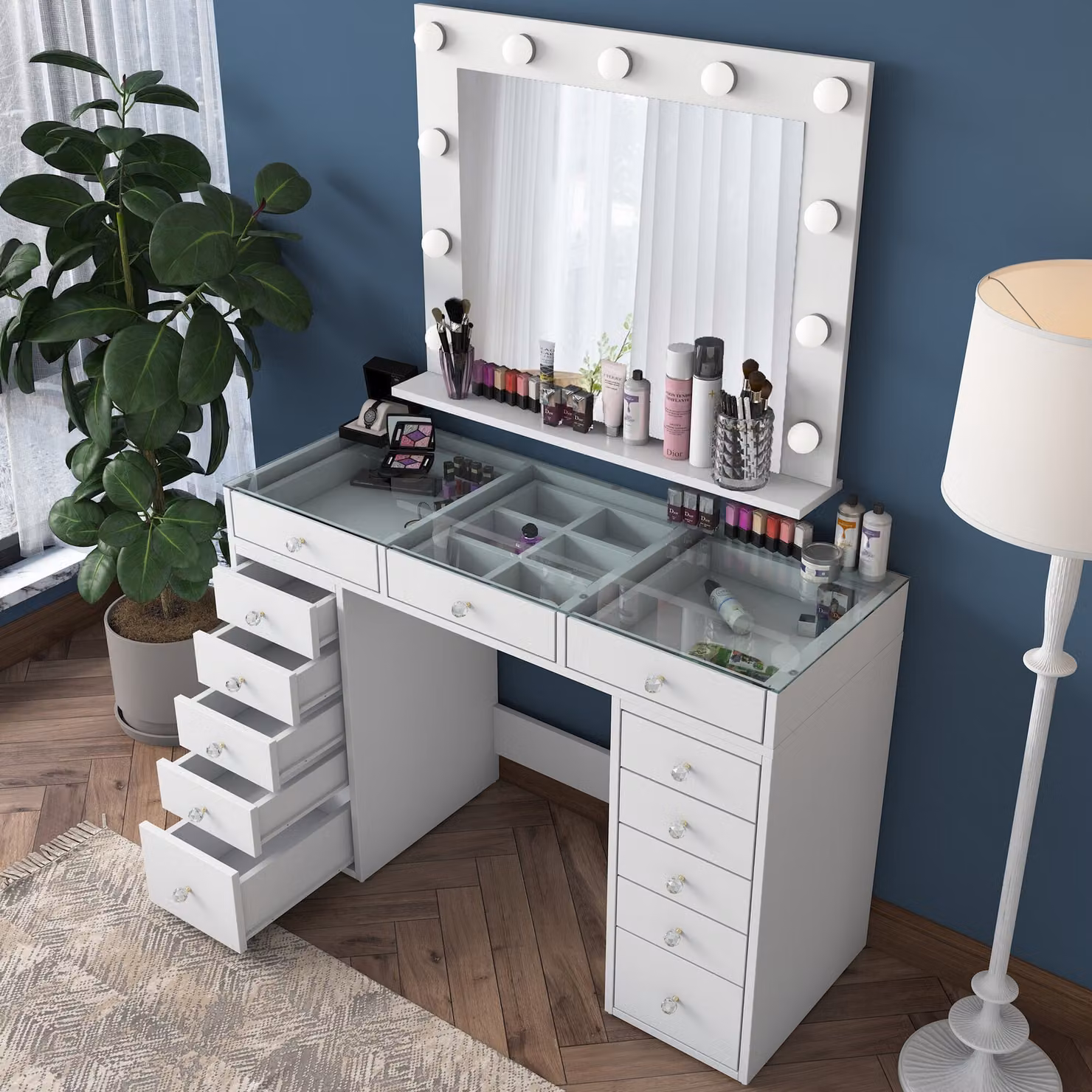 Skye Decor, tavolino da trucco di alta qualità, bianco, 120 cm, 100% melaminico, con 11 lampade