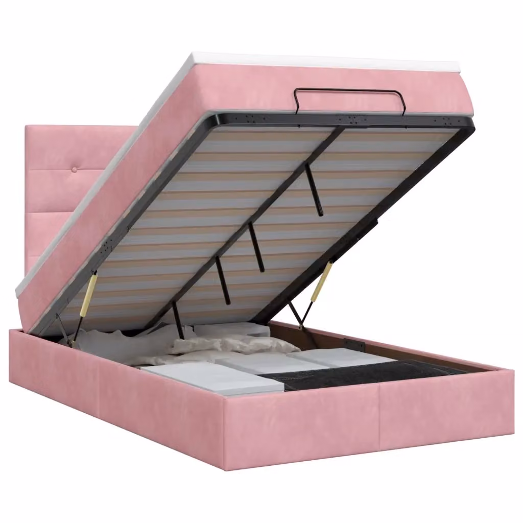 Letto ottomano moderno vidaXL in velluto rosa e bianco con contenitore a sollevamento e materasso a molle L/P/H: 128 x 120 x 203 cm – 2
