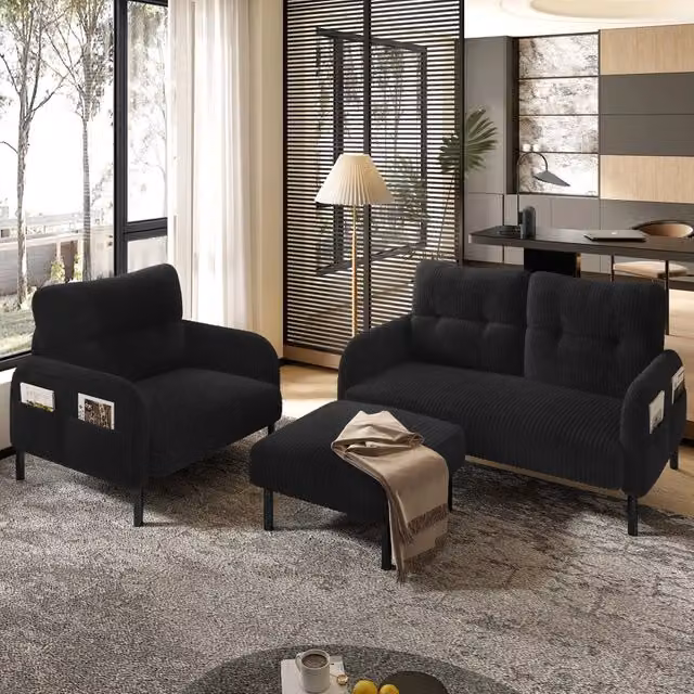 Set divano due posti poltrona e pouf modulare con tasca laterale schienale ergonomico in velluto a coste nero