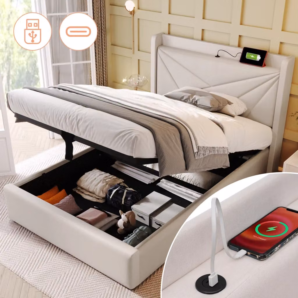 Letto singolo con contenitore Mivray beige con testiera imbottita e porte USB/USB-C L/P/H: 90 x 200 x 107 cm – 2