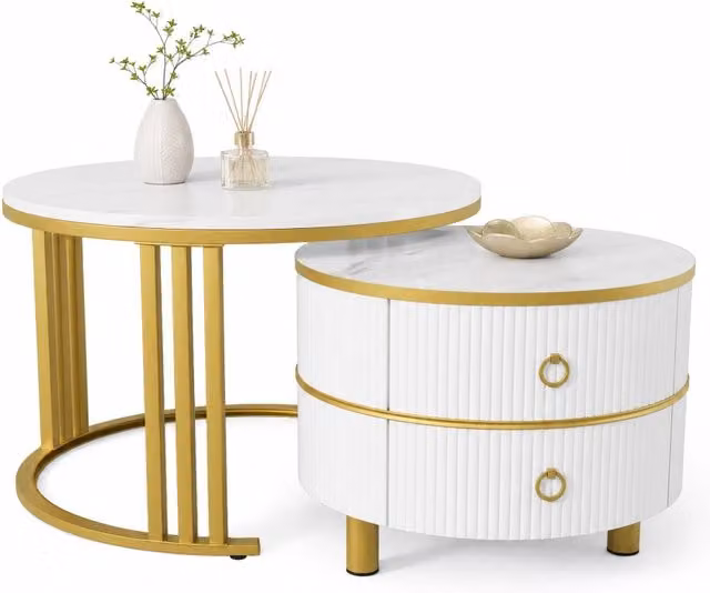 Set di 2 tavolini da caffè rotondi REDOM bianchi e oro in stile moderno con finitura lucida, L/P/H: 70 x 70 x 46 cm e 50 x 50 x 40 cm