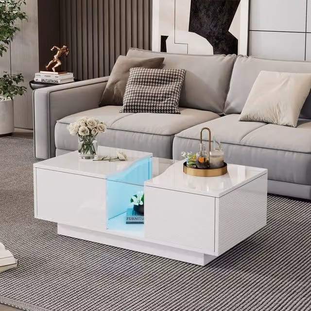 Tavolino da caffè MINIMAL con LED e 2 cassetti in MDF bianco lucido L/P/H: 100 x 50 x 35 cm