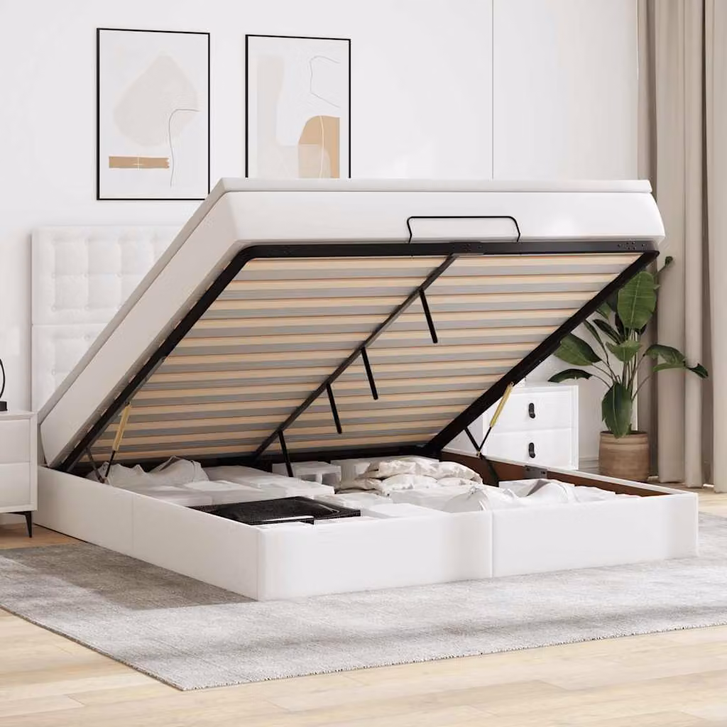 vidaXL Struttura Letto con Materasso e Contenitore a Sollevamento in Similpelle Bianco L: 160 cm, P: 200 cm, H: 28 cm
