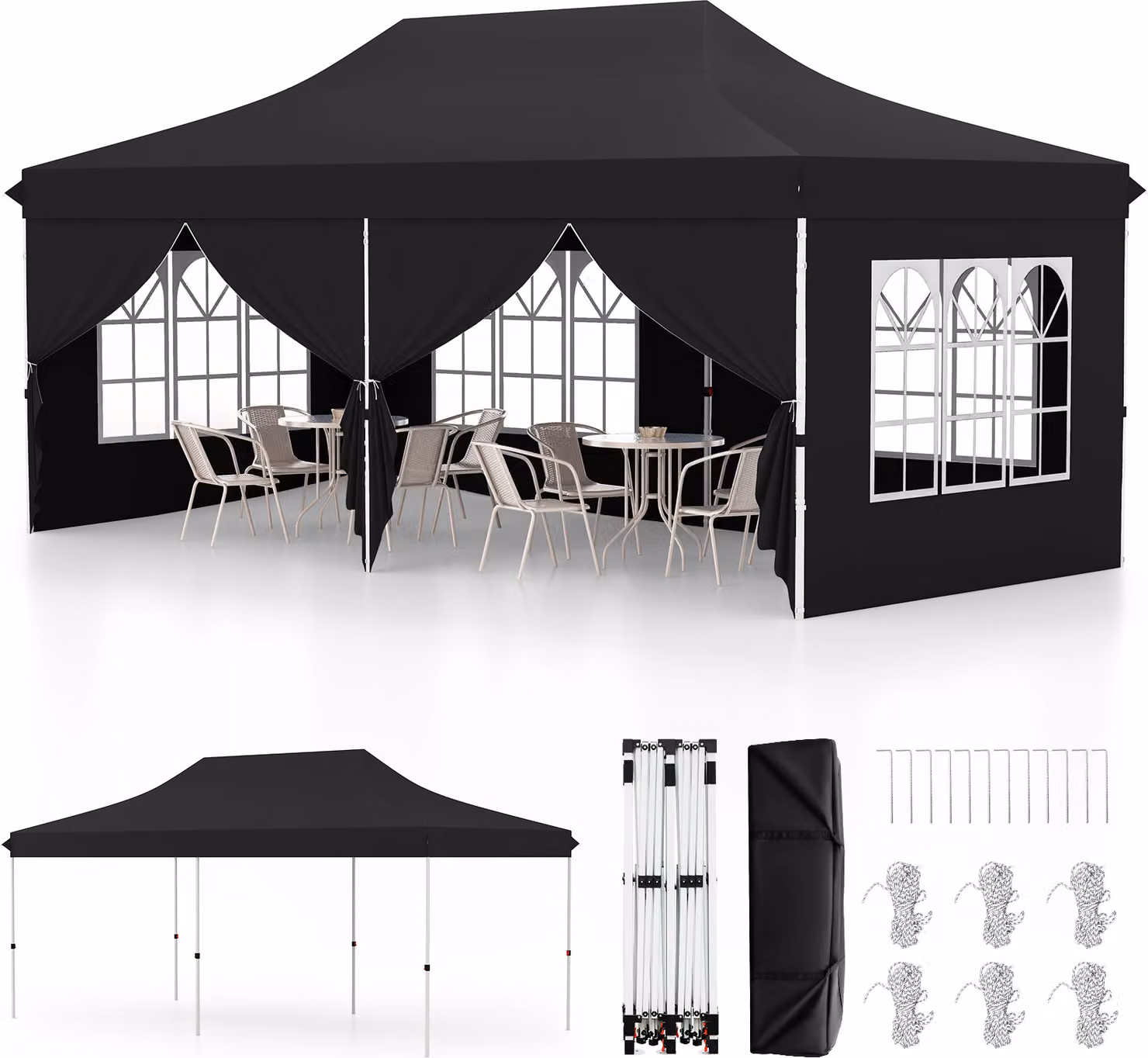 Gazebo pieghevole COSTWAY 3x6m con 6 pareti laterali rimovibili, borsa di trasporto, gazebo idrorepellente regolabile in altezza, protezione UV 50+ nero