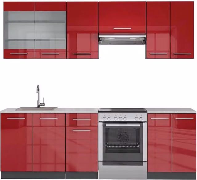 Cucina componibile moderna Vicco Fame-Line Bordeaux lucido e Antracite, L: 240 cm