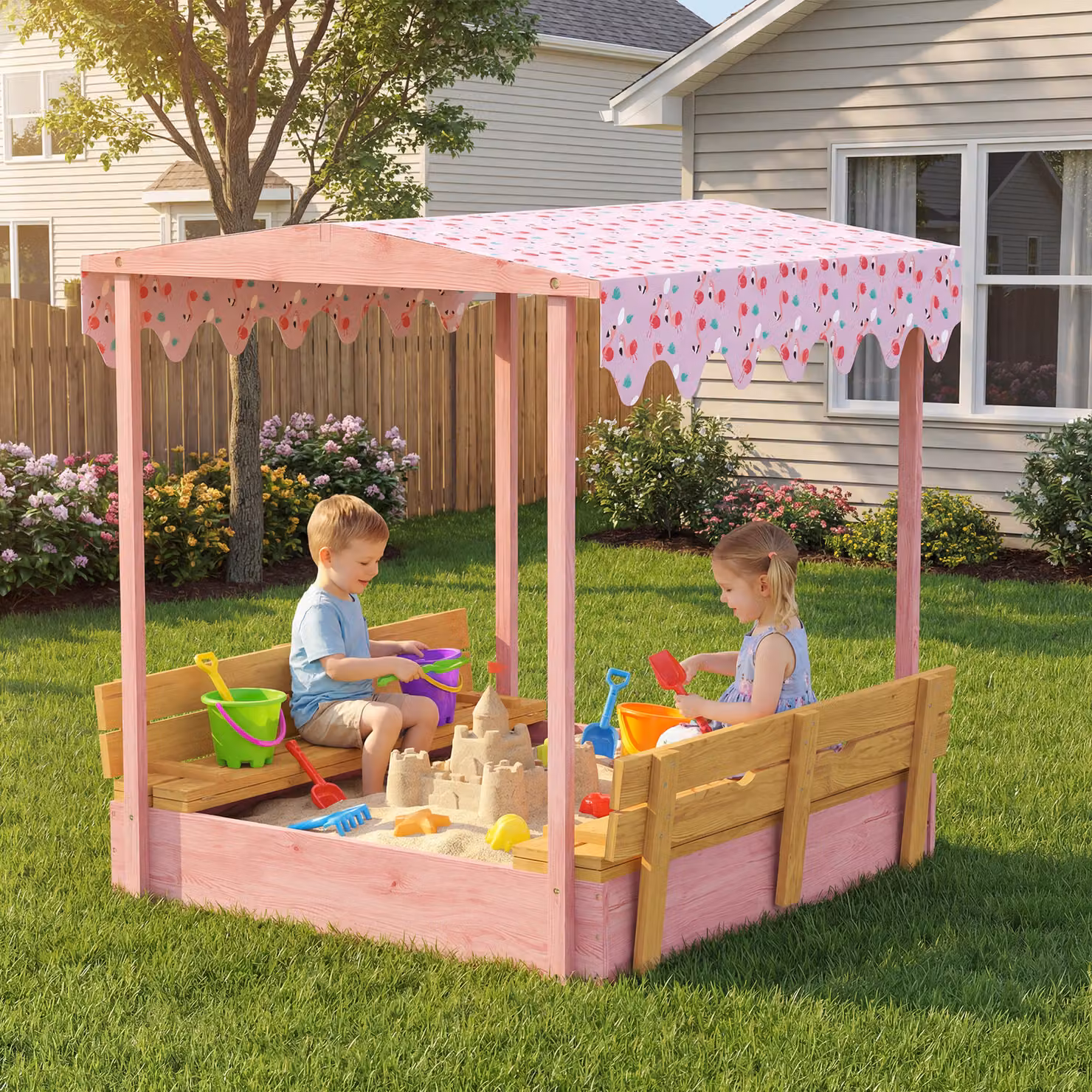 AIYAPLAY Sabbiera per Bambini in Legno di Abete con Tettuccio e Sedute Pieghevoli, Design Fenicotteri, Rosa, L: 134.5 cm, P: 127.5 cm, H: 130 cm – 2