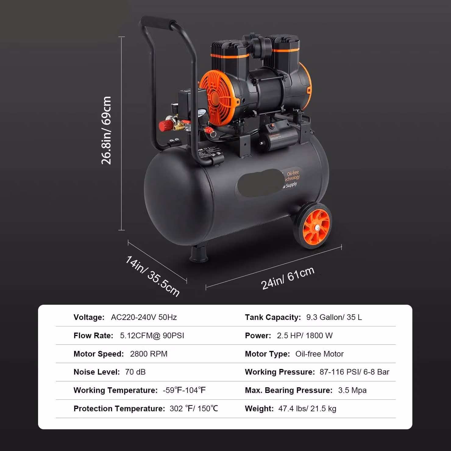 Compressore d'aria - Compressore silenzioso - Pompa d'aria - Compressore portatile senza olio - 35L - 1800W