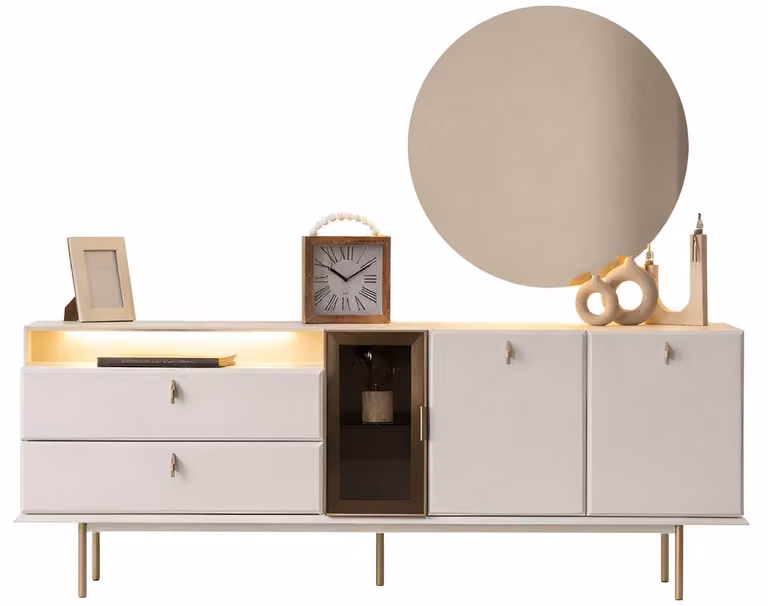 Credenza con specchio per sala da pranzo, stile moderno, colore beige, illuminazione, vetro, nuova