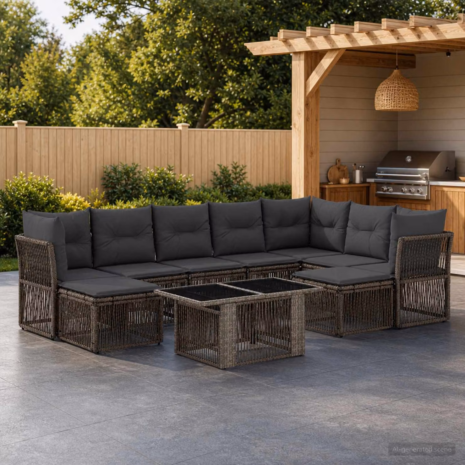 Set Divano da Giardino vidaXL 10 Pezzi a Forma di L in Polyrattan Grigio con Cuscini e Tavolino