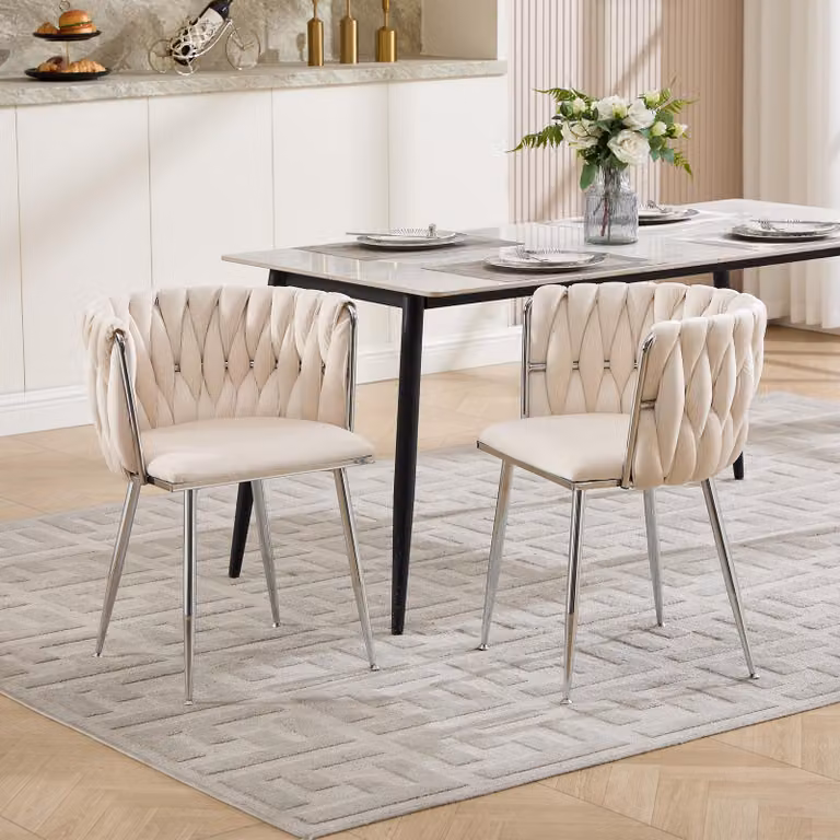 Set di 2 sedie da pranzo LVHOM con schienale intrecciato, sedie imbottite con rivestimento in velluto, sedie con braccioli e gambe argentate, capacità di carico fino a 136 kg, colore beige
