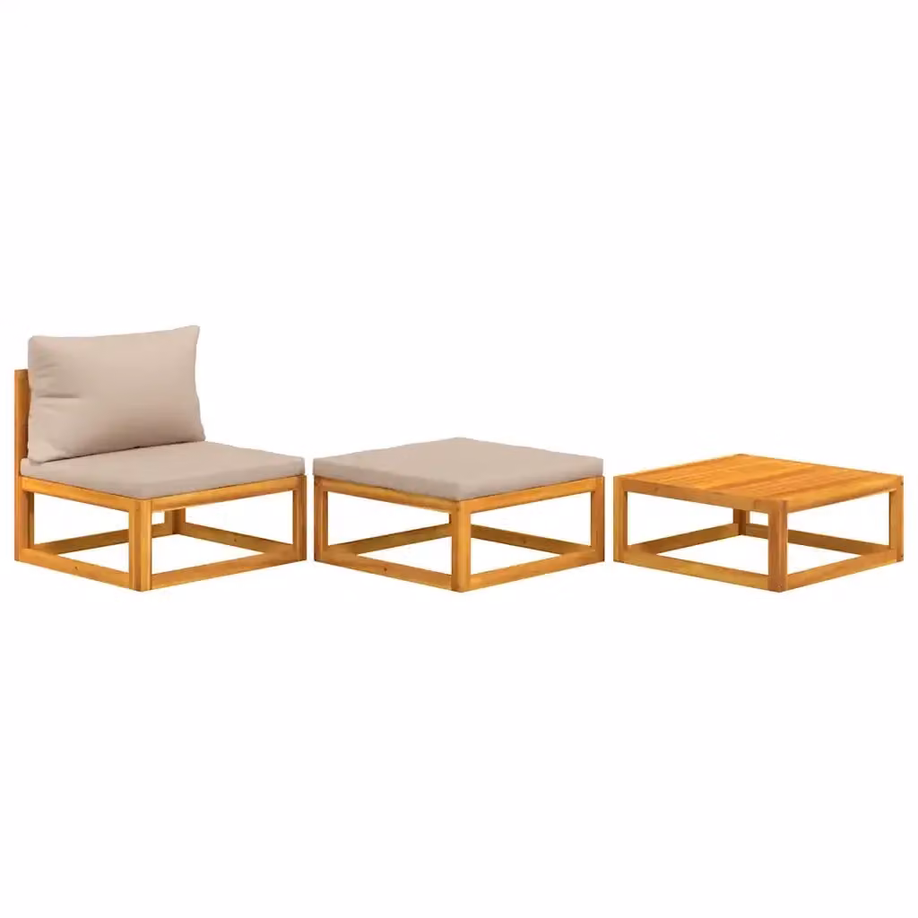 Set Mobili da Giardino Design In in Legno di Acacia con Cuscini Beige composto da Divano a 2 Posti, Tavolino da Caffè e Pouf – 2