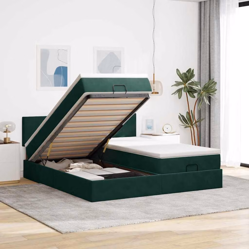 Struttura Letto con Pouf e Materasso vidaXL in Velluto Verde e Bianco, L/P/H: 200 x 200 x 280 cm – 1