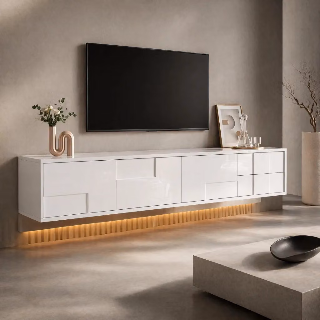 Mobile TV moderno MODFU bianco lucido con illuminazione integrata L: 170 cm, P: 30 cm, H: 30,5 cm – 2