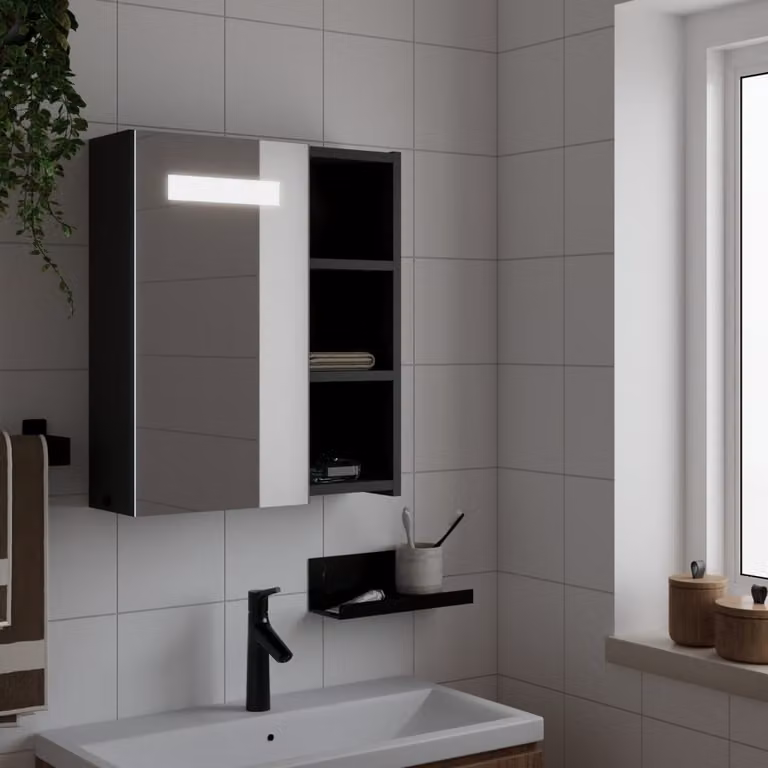 Armadietto da bagno con specchio e illuminazione LED vidaXL nero moderno con ante in vetro e ripiani interni L/P/H: 45 x 13 x 52 cm