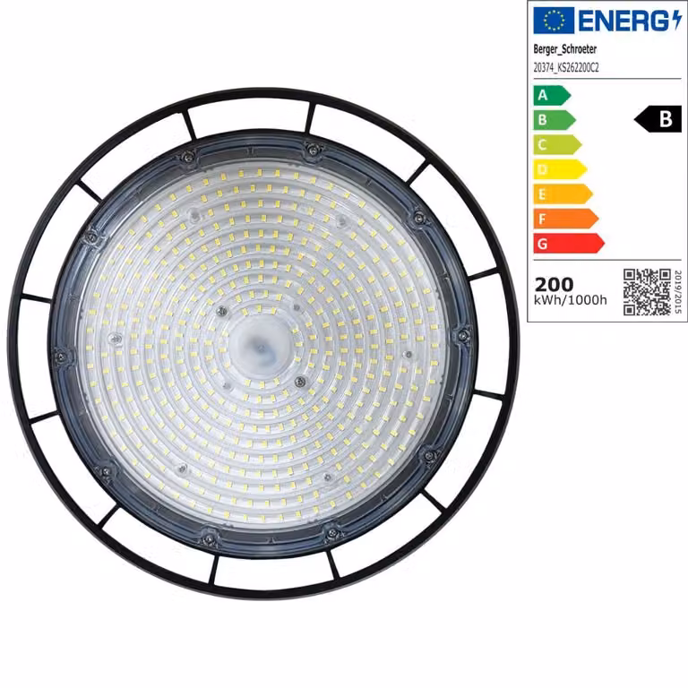 Berger & Schröter | Faretto LED UFO High Bay Light Faretto per capannoni 200 W, classe di efficienza energetica B, super luminoso 32000 lumen, lampada da soffitto 6500 K