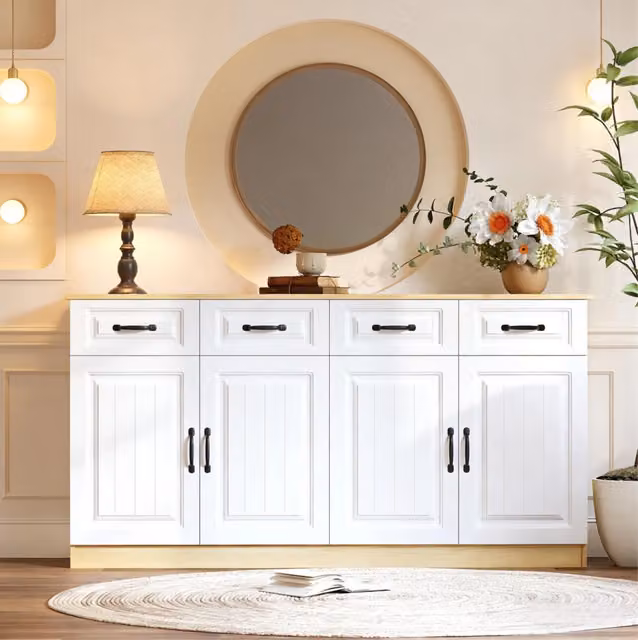 Sideboard in MDF bianco e colore legno naturale con 4 cassetti, 4 ante e 2 ripiani, 160x35x80 cm per soggiorno, cucina e camera da letto
