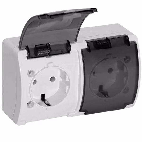 Serie Koala a plafone IP44 bianco con doppia presa di corrente e sportello antifumo