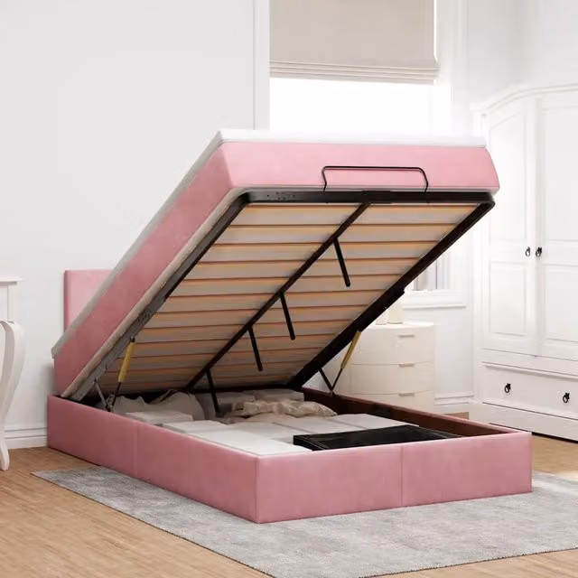 Letto con Pouf e Materasso vidaXL in Velluto Rosa e Bianco L/P: 120 x 200 cm – 1