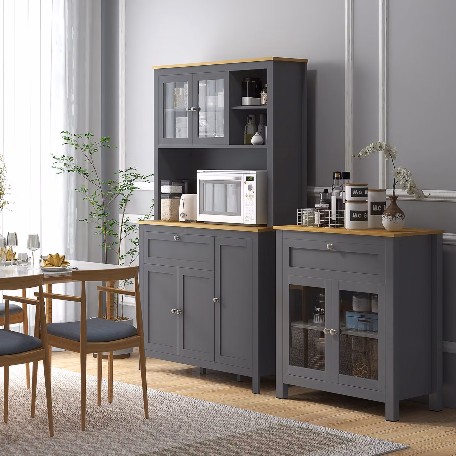 Armadio da cucina e buffet HOMCOM moderno in grigio con 5 ante, 2 vetrate, 1 cassetto e nicchia centrale, Altezza: 180 cm – 2