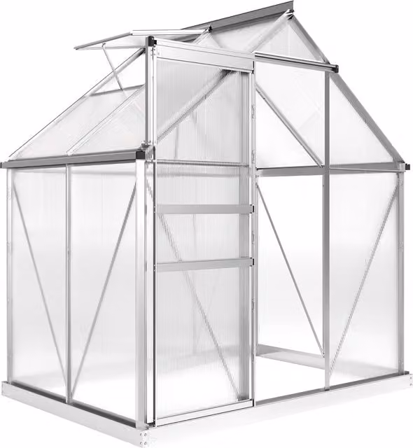 Serra Outsunny in alluminio e policarbonato con porta a battente e finestra a tetto, Argento, L: 192.5 cm, P: 131 cm, H: 200 cm