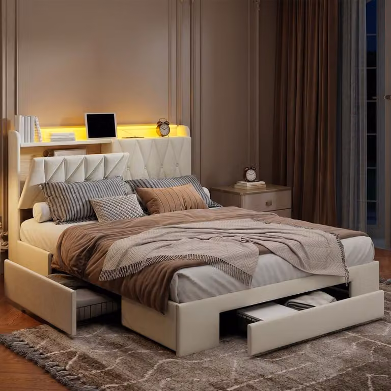 Struttura letto ProximaX in velluto beige 160x200 cm con cassetti, testiera con vano portaoggetti, luci LED e stazione di ricarica USB