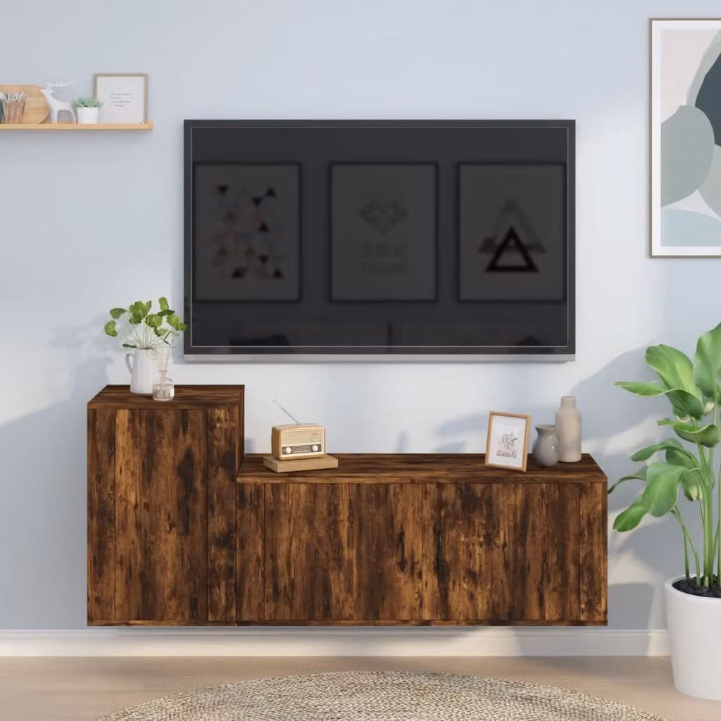 Set di 2 mobili porta TV vidaXL in legno multistrato color rovere fumo per soggiorno, modello a parete